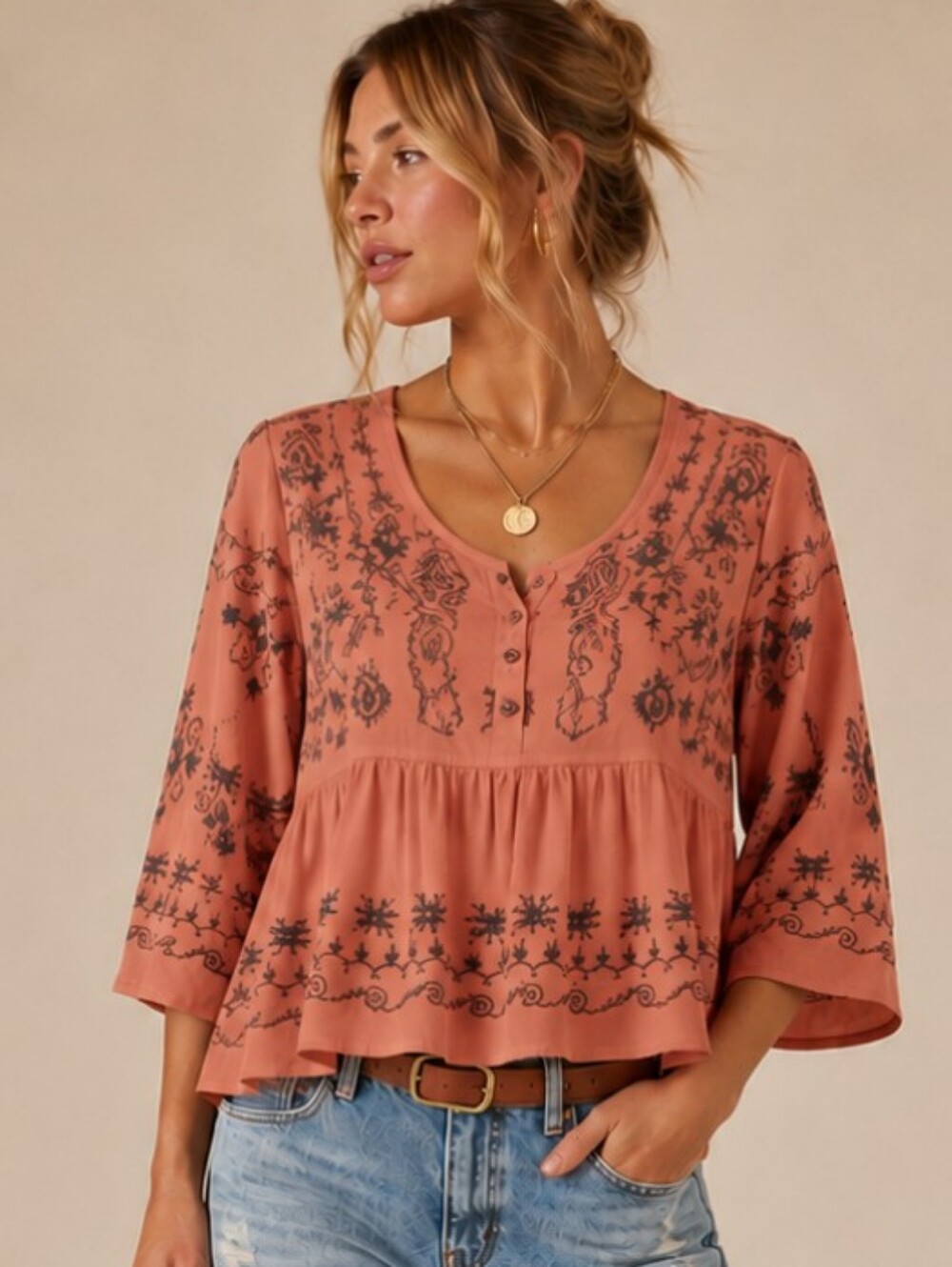 Free People Embroidered Terra Cotta Boho Peplum Blouse Small EUC